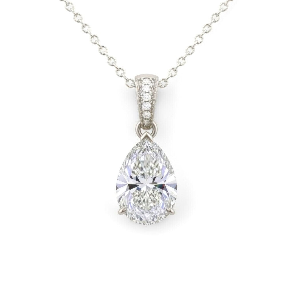 Silver Pear Brilliant Zyvaris Diamond Solitaire Pendant Necklace With Classic Four Prong Setting