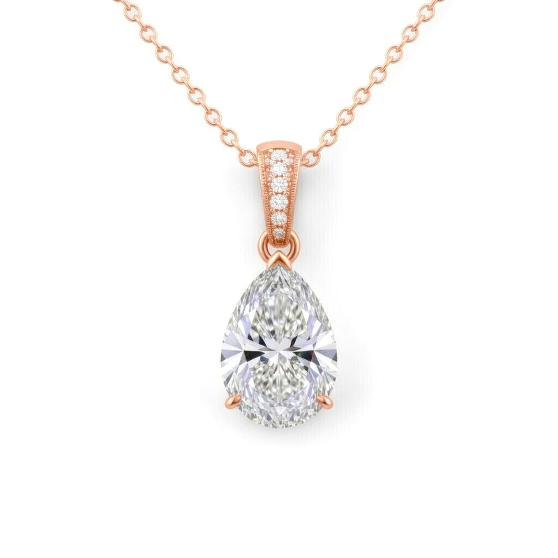 Rose Gold Pear Brilliant Zyvaris Diamond Solitaire Pendant Necklace With Classic Four Prong Setting