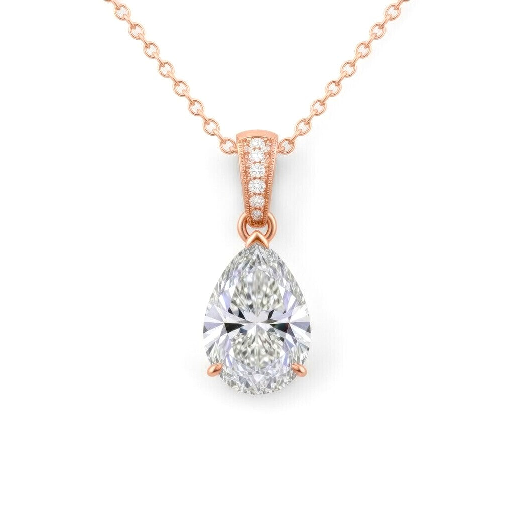 Rose Gold Pear Brilliant Zyvaris Diamond Solitaire Pendant Necklace With Classic Four Prong Setting