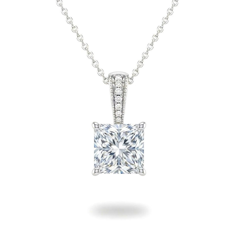 White Gold Princess Brilliant Zyvaris Diamond Solitaire Pendant Necklace With Classic Four Prong Setting