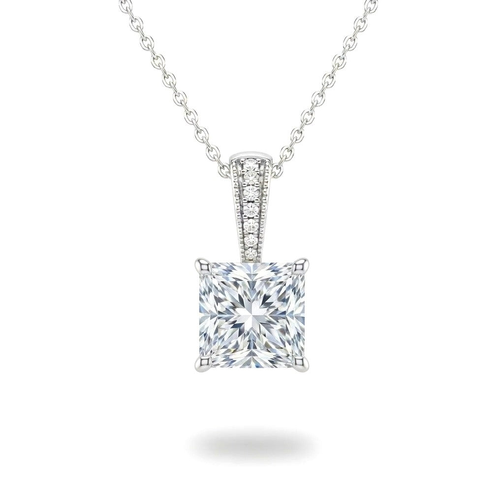 White Gold Princess Brilliant Zyvaris Diamond Solitaire Pendant Necklace With Classic Four Prong Setting