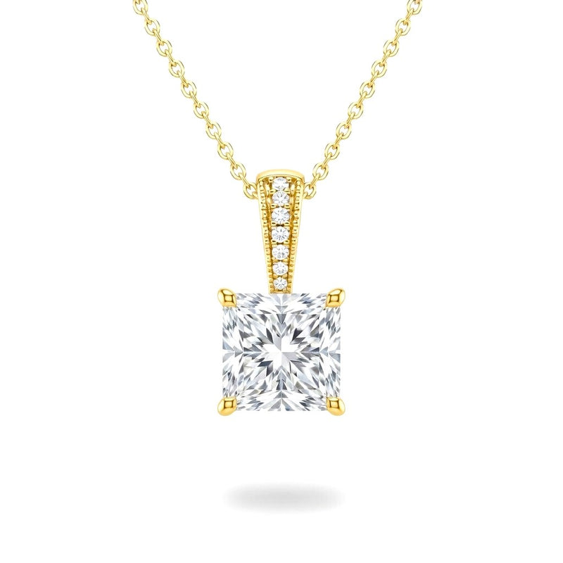 Yellow Gold Princess Brilliant Zyvaris Diamond Solitaire Pendant Necklace With Classic Four Prong Setting