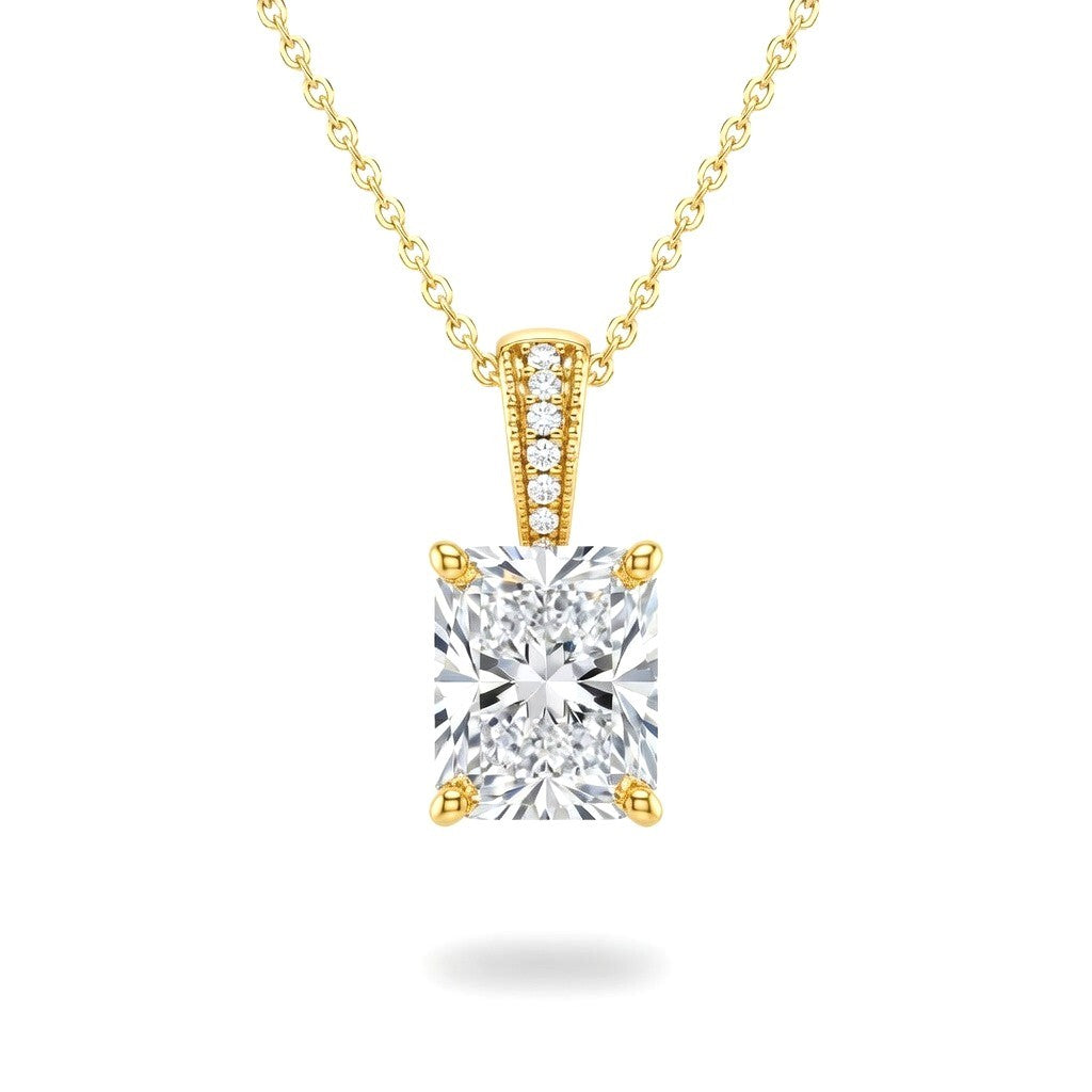 Yellow Gold Radiant Brilliant Zyvaris Diamond Solitaire Pendant Necklace With Classic Four Prong Setting