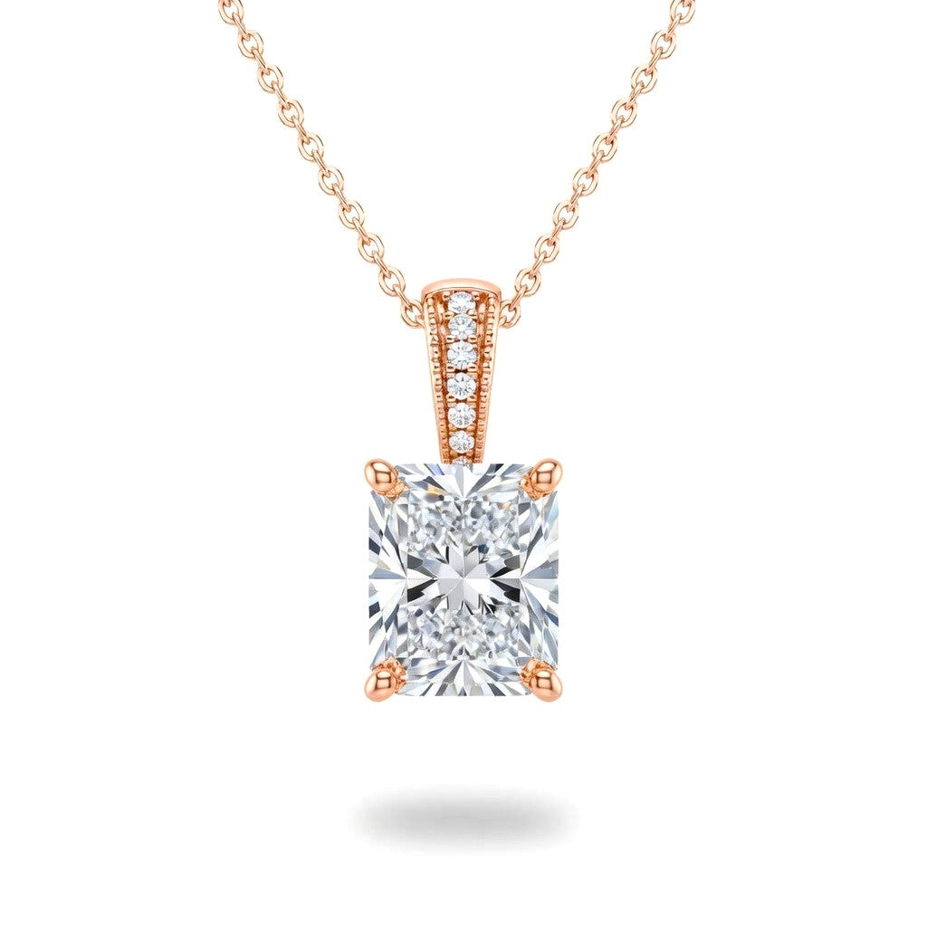 Rose Gold Radiant Brilliant Zyvaris Diamond Solitaire Pendant Necklace With Classic Four Prong Setting