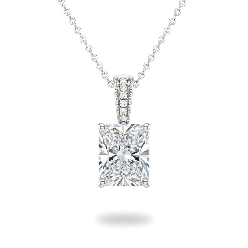 White Gold Radiant Brilliant Zyvaris Diamond Solitaire Pendant Necklace With Classic Four Prong Setting