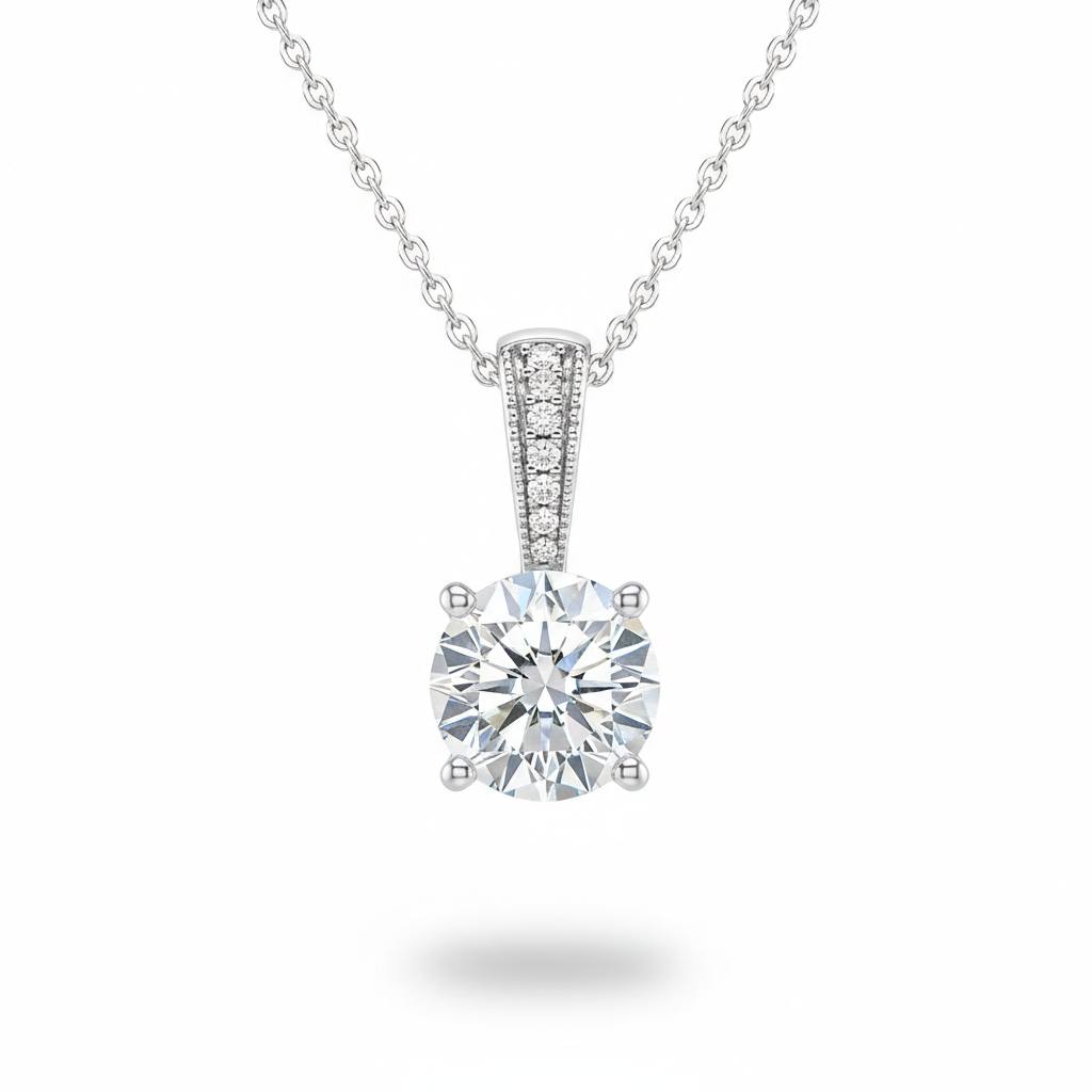 White Gold Round Brilliant Zyvaris Diamond Solitaire Pendant Necklace With Classic Four Prong Setting