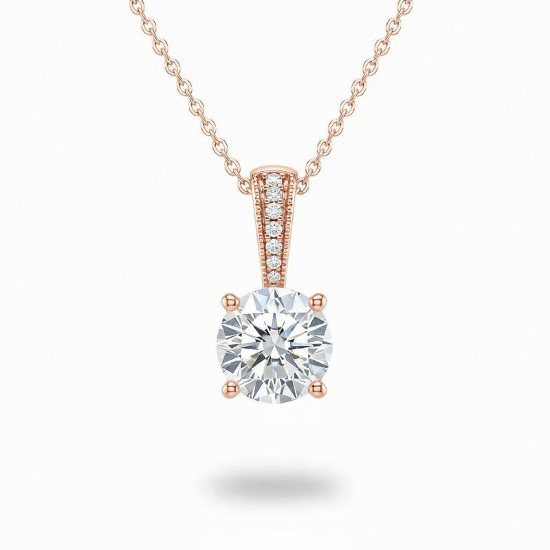 Rose Gold Round Brilliant Zyvaris Diamond Solitaire Pendant Necklace With Classic Four Prong Setting