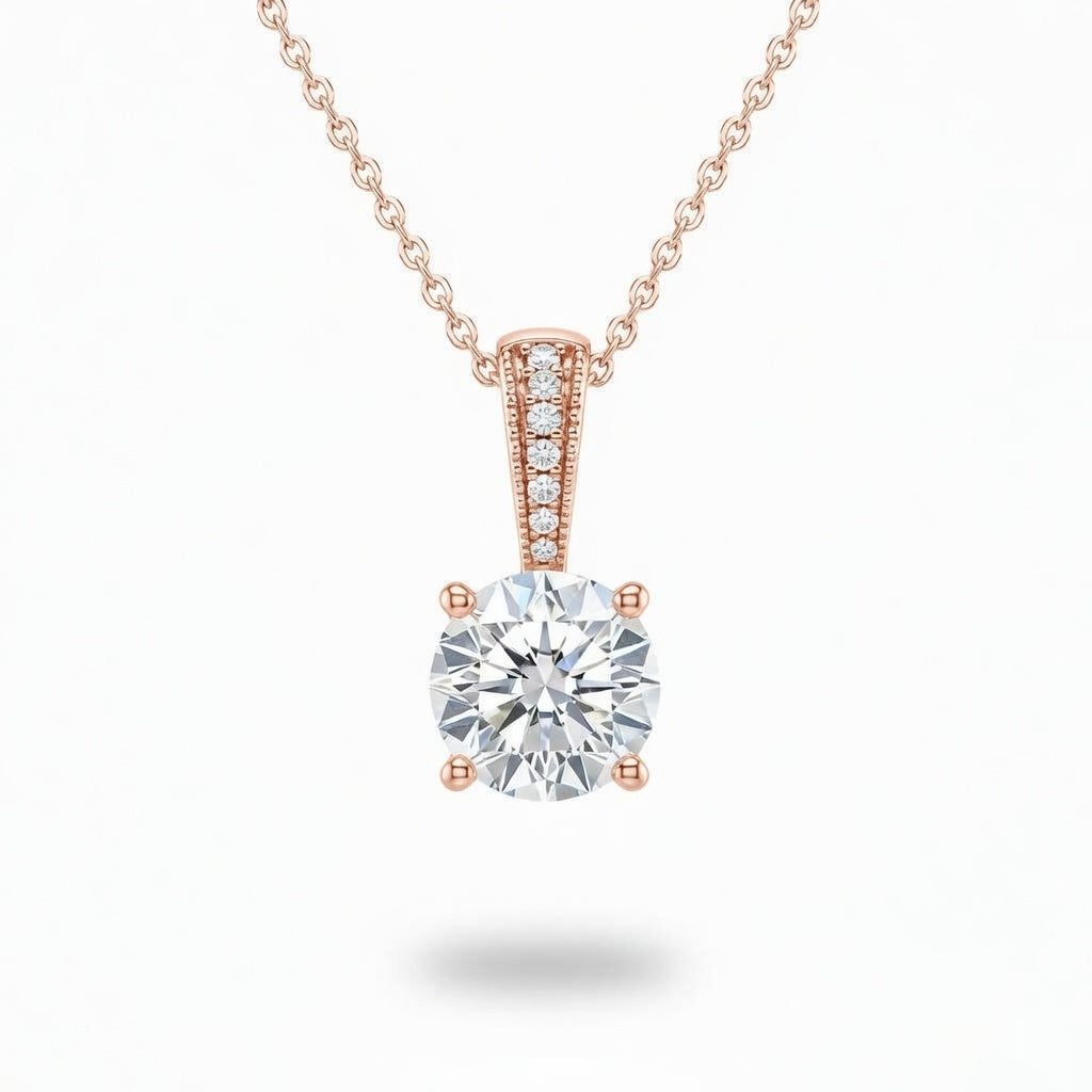 Rose Gold Round Brilliant Zyvaris Diamond Solitaire Pendant Necklace With Classic Four Prong Setting