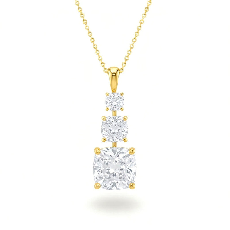 Yellow Gold Cushion Brilliant Trivessa Diamond Graduated Drop Pendant Necklace With Triple Stone Prong Setting