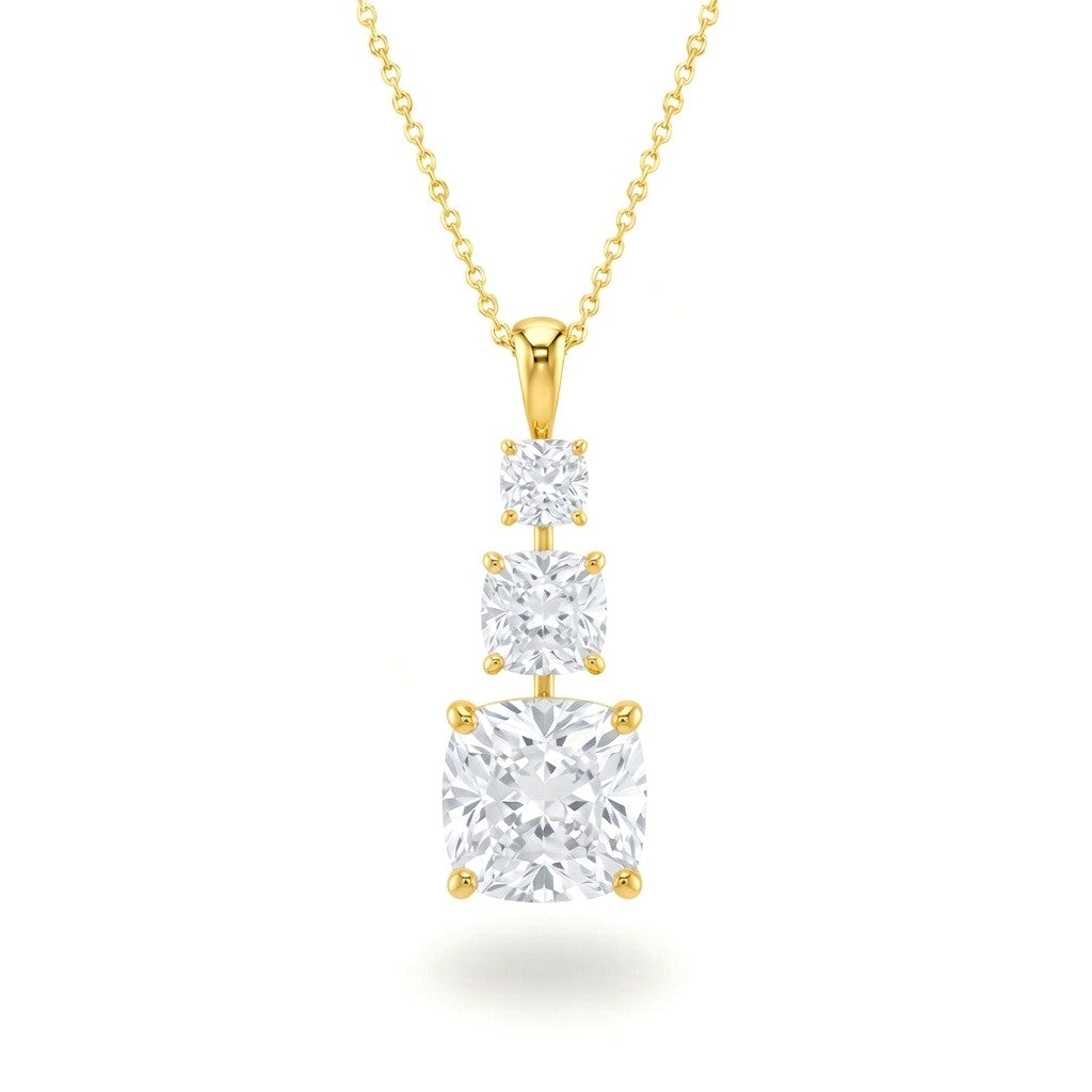 Yellow Gold Cushion Brilliant Trivessa Diamond Graduated Drop Pendant Necklace With Triple Stone Prong Setting