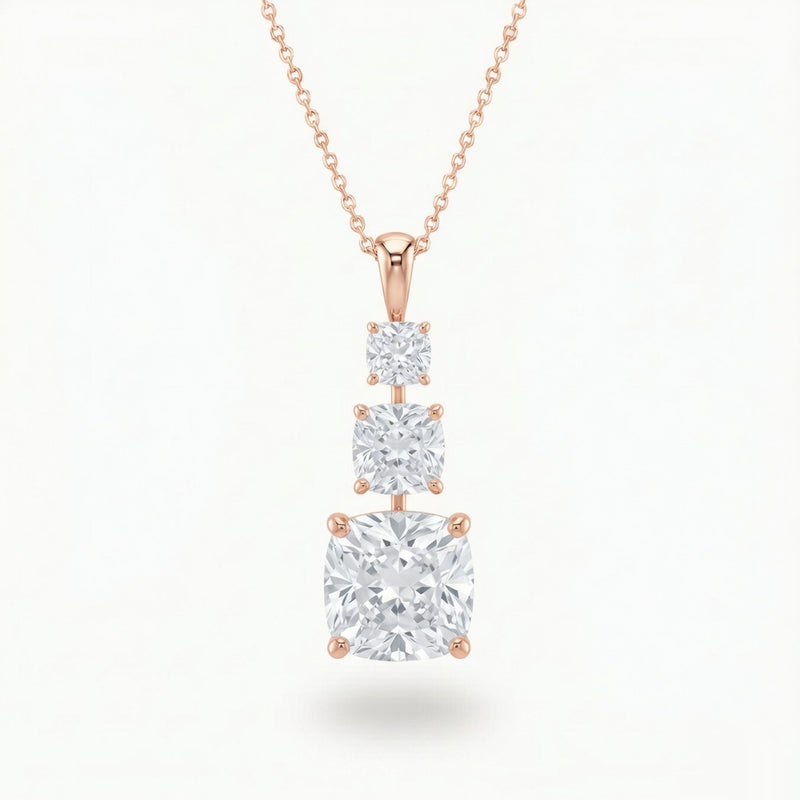 Rose Gold Cushion Brilliant Trivessa Diamond Graduated Drop Pendant Necklace With Triple Stone Prong Setting