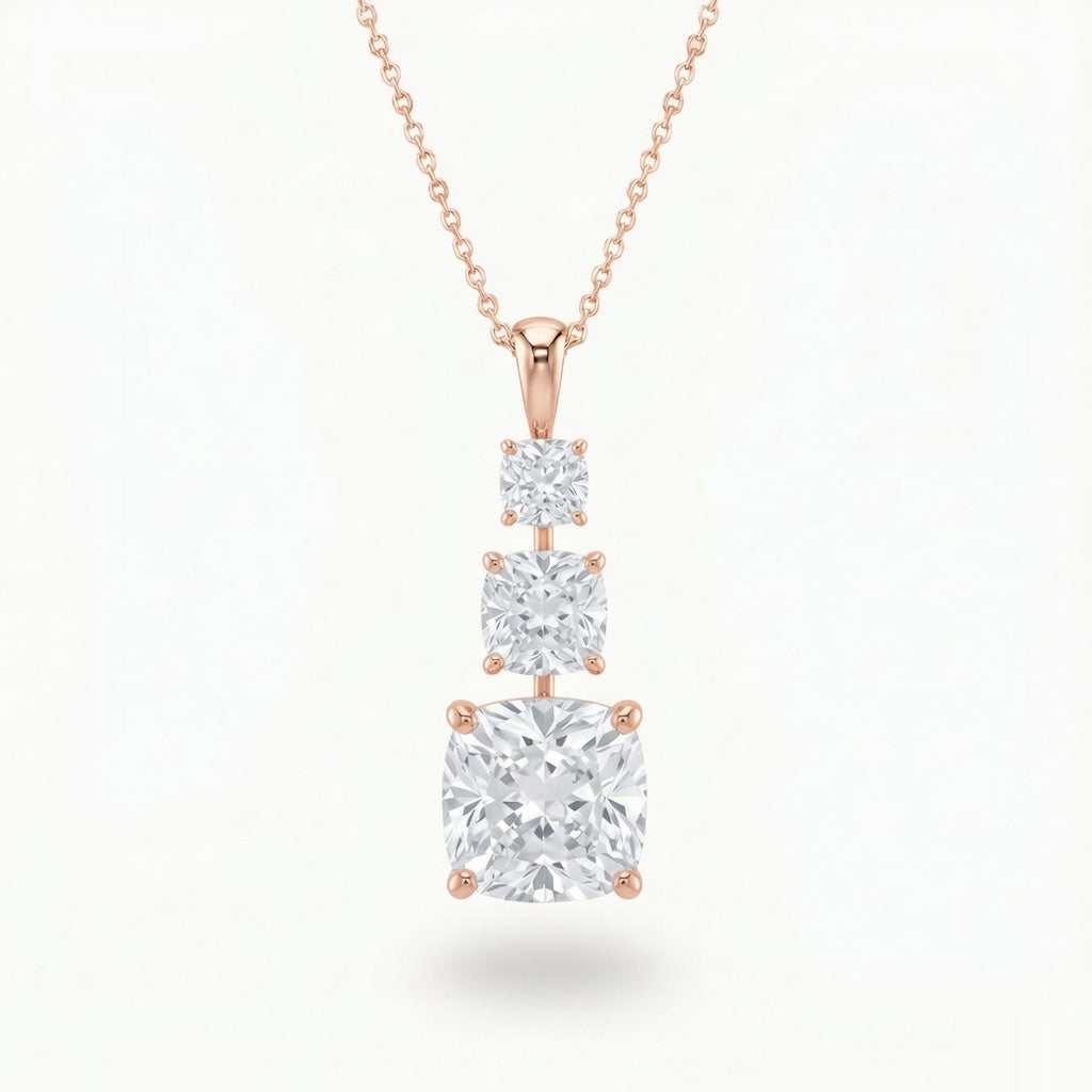 Rose Gold Cushion Brilliant Trivessa Diamond Graduated Drop Pendant Necklace With Triple Stone Prong Setting
