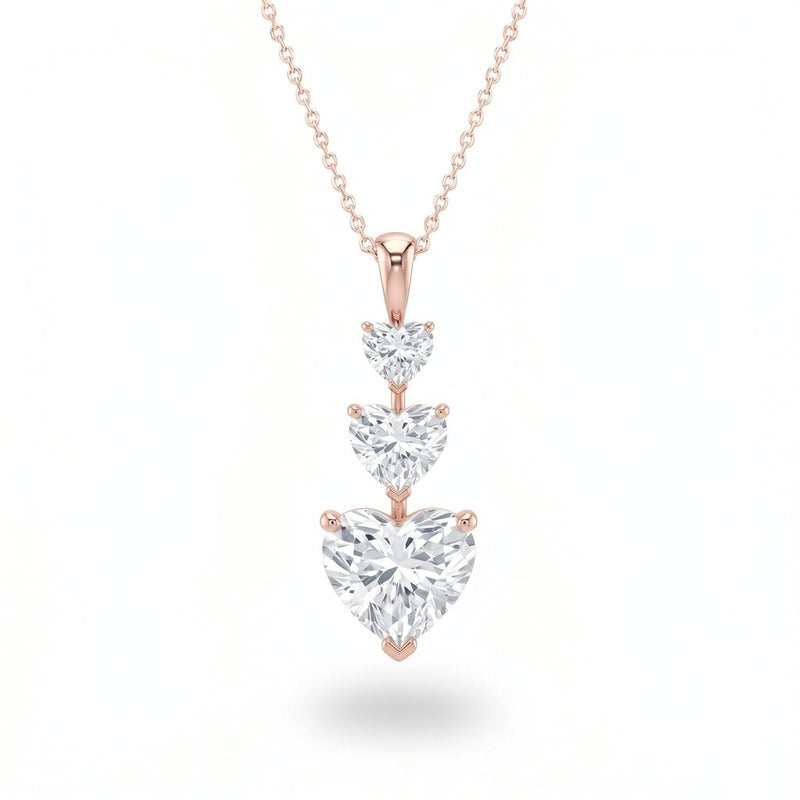 Rose Gold Heart Brilliant Trivessa Diamond Graduated Drop Pendant Necklace With Triple Stone Prong Setting