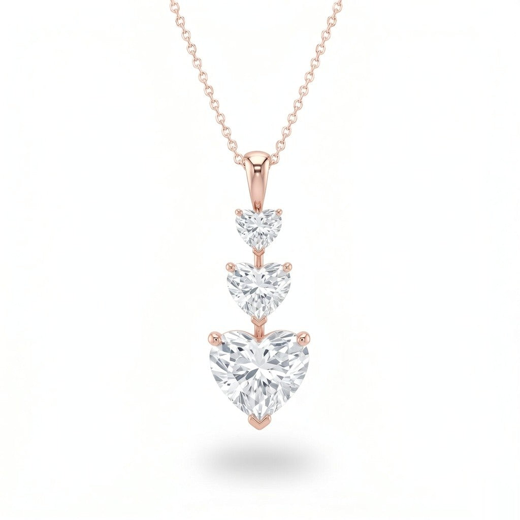 Rose Gold Heart Brilliant Trivessa Diamond Graduated Drop Pendant Necklace With Triple Stone Prong Setting