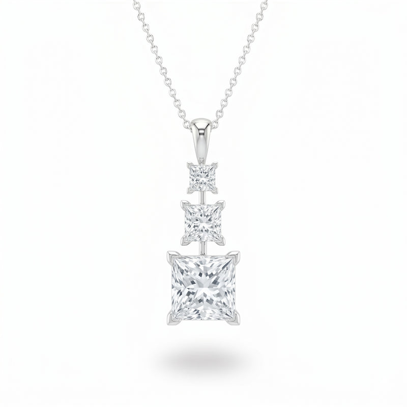 Silver Princess Brilliant Trivessa Diamond Graduated Drop Pendant Necklace With Triple Stone Prong Setting
