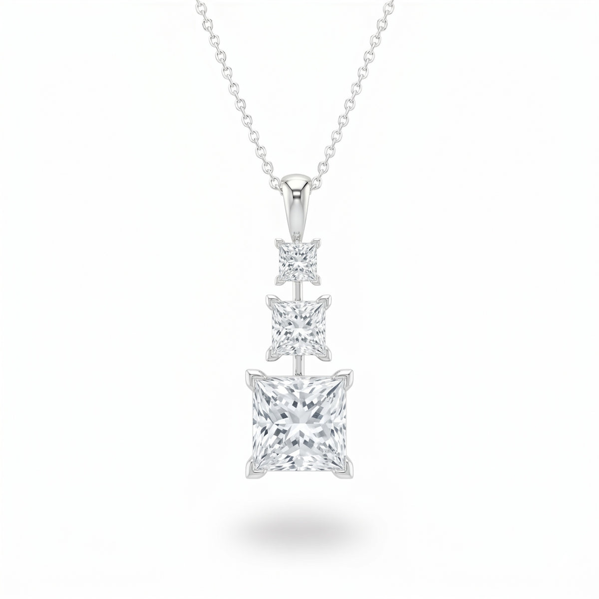 Silver Princess Brilliant Trivessa Diamond Graduated Drop Pendant Necklace With Triple Stone Prong Setting
