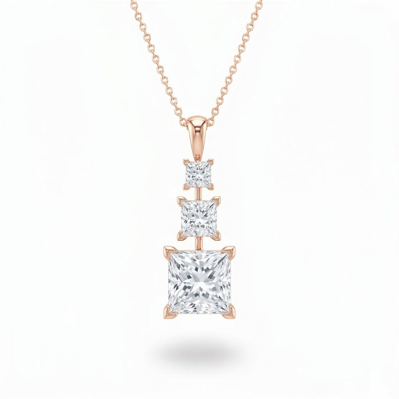 Rose Gold Princess Brilliant Trivessa Diamond Graduated Drop Pendant Necklace With Triple Stone Prong Setting