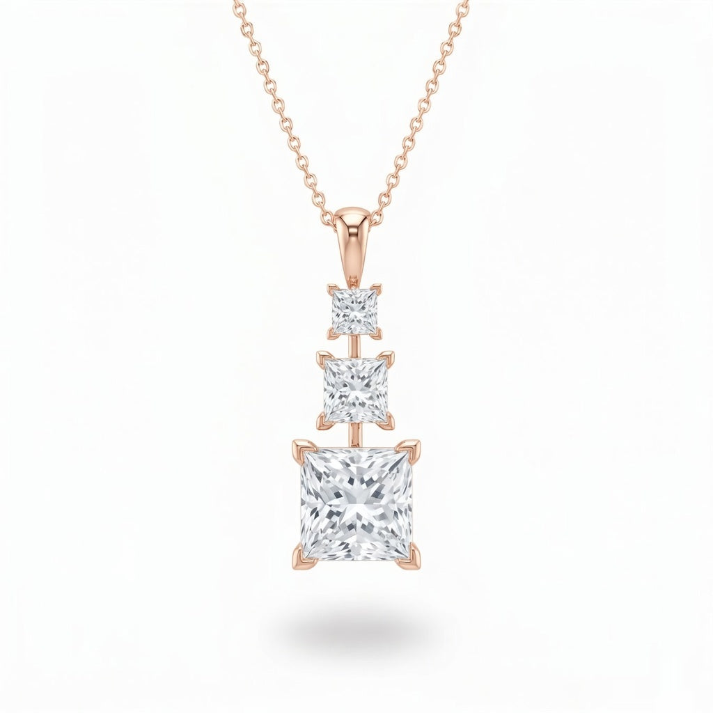 Rose Gold Princess Brilliant Trivessa Diamond Graduated Drop Pendant Necklace With Triple Stone Prong Setting
