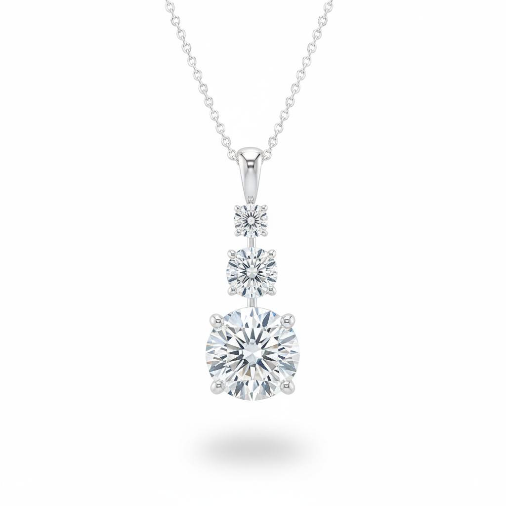 Silver Round Brilliant Trivessa Diamond Graduated Drop Pendant Necklace With Triple Stone Prong Setting