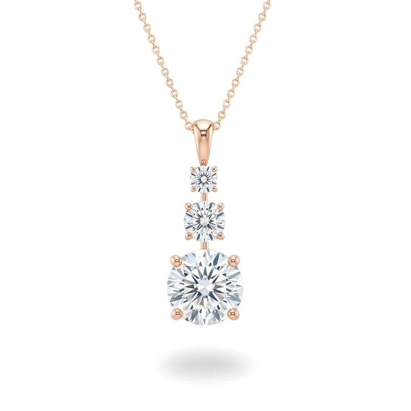 Rose Gold Round Brilliant Trivessa Diamond Graduated Drop Pendant Necklace With Triple Stone Prong Setting