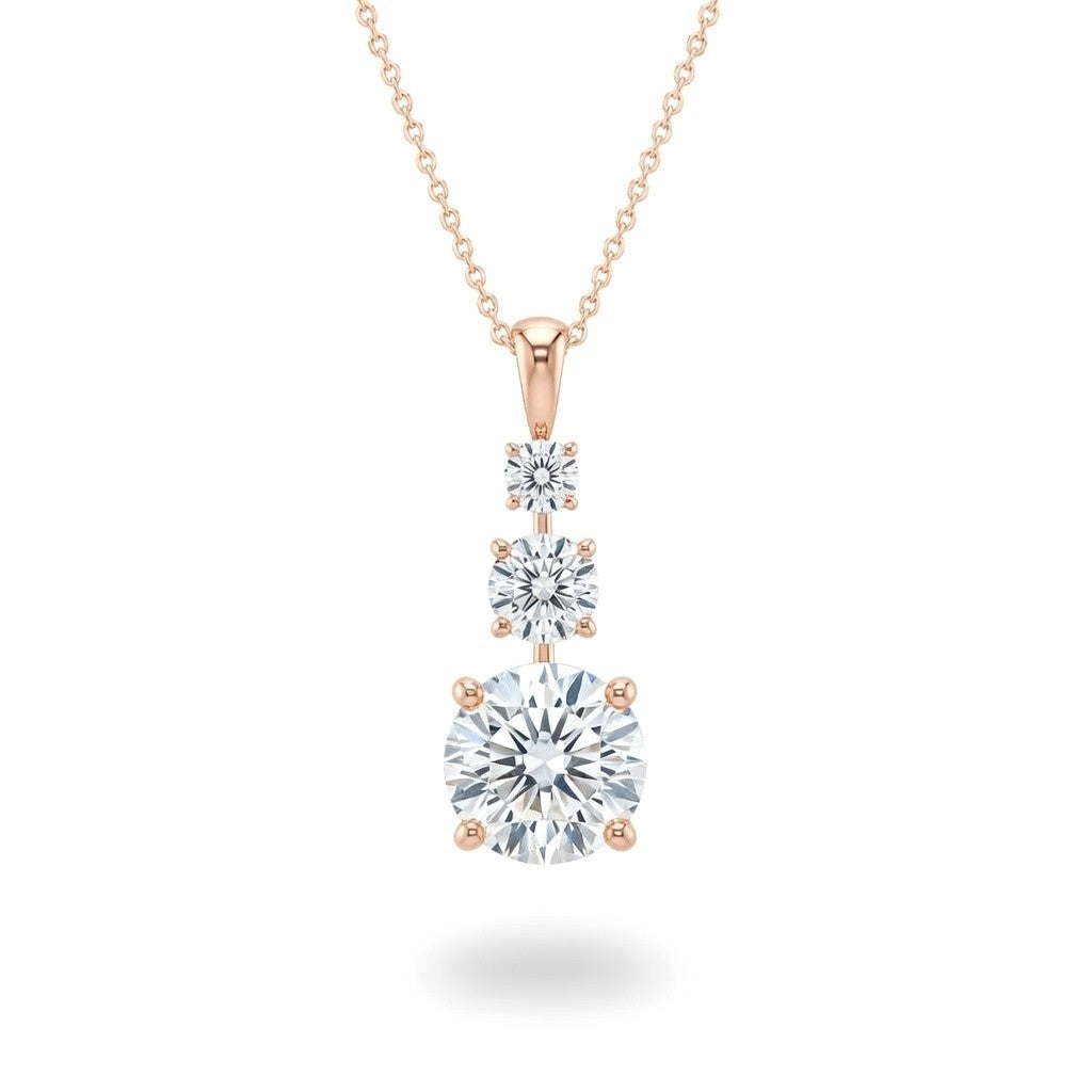 Rose Gold Round Brilliant Trivessa Diamond Graduated Drop Pendant Necklace With Triple Stone Prong Setting