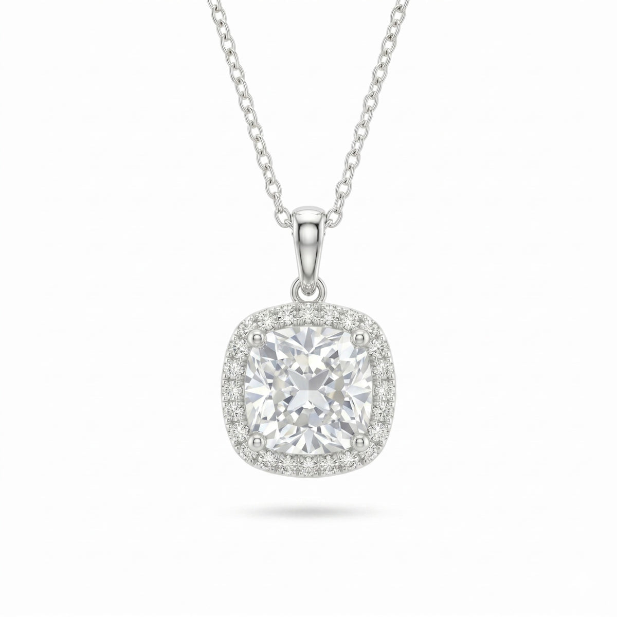 White Gold Cushion Brilliant Celestara Diamond Halo Pendant Necklace With Pavé Surround And Four Prong Setting