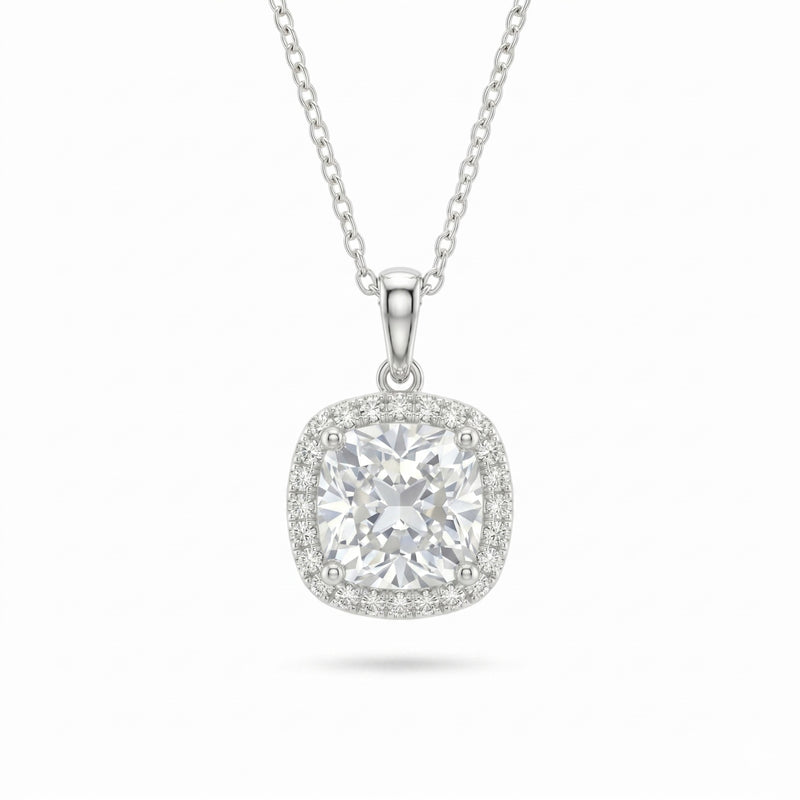 Silver Cushion Brilliant Celestara Diamond Halo Pendant Necklace With Pavé Surround And Four Prong Setting