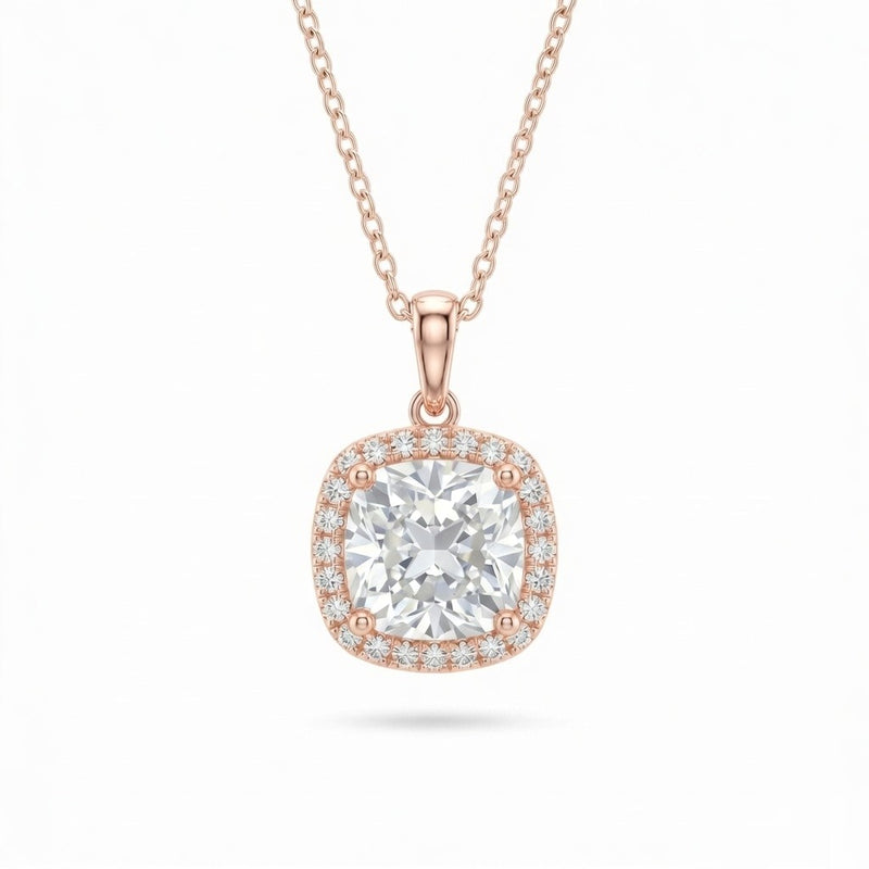 Rose Gold Cushion Brilliant Celestara Diamond Halo Pendant Necklace With Pavé Surround And Four Prong Setting