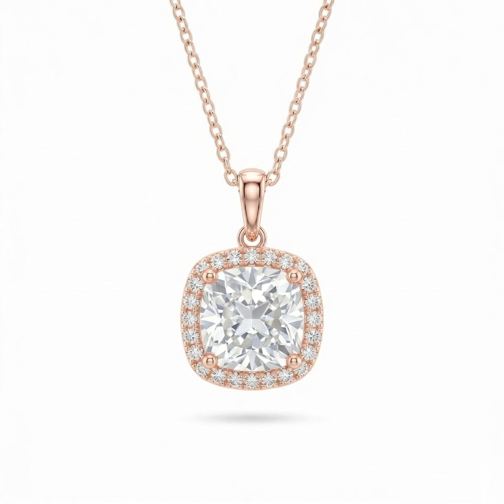 Rose Gold Cushion Brilliant Celestara Diamond Halo Pendant Necklace With Pavé Surround And Four Prong Setting