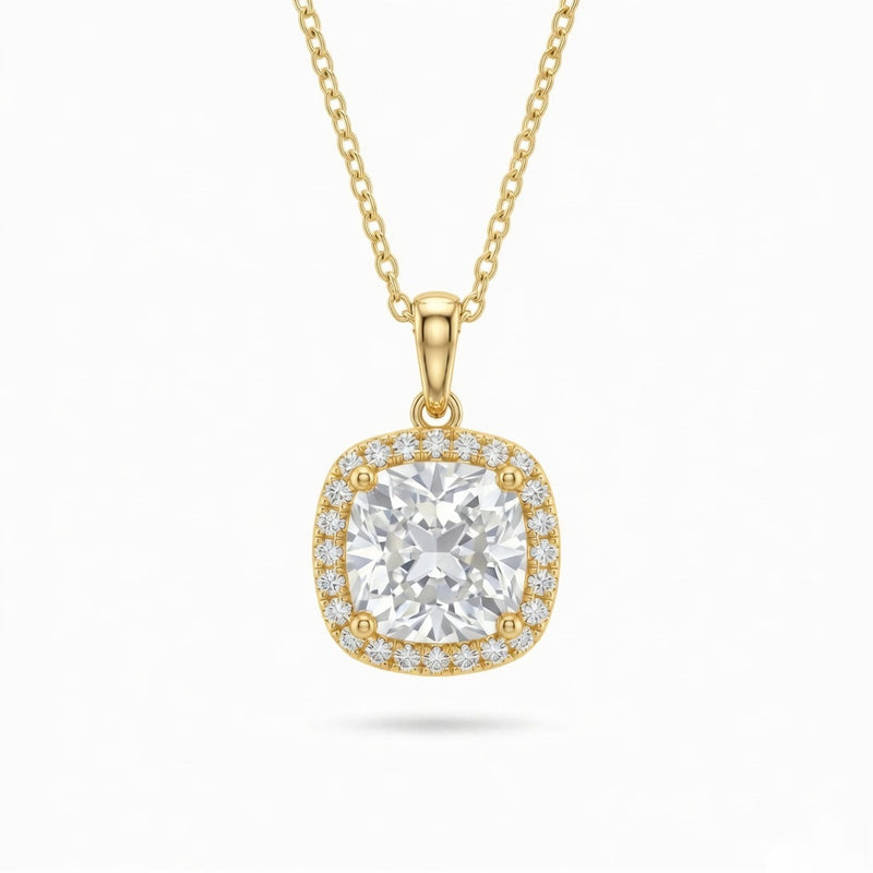 Yellow Gold Cushion Brilliant Celestara Diamond Halo Pendant Necklace With Pavé Surround And Four Prong Setting