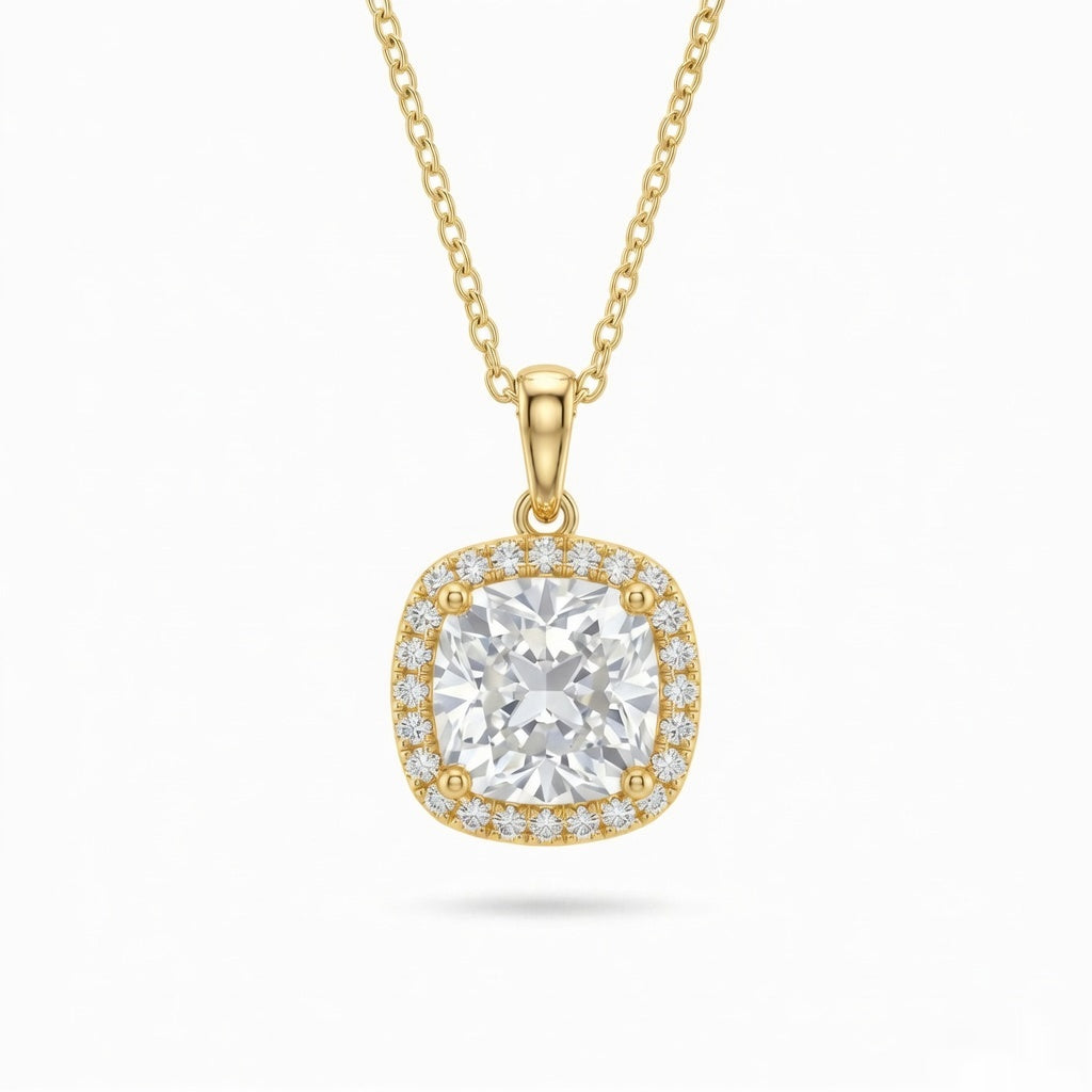 Yellow Gold Cushion Brilliant Celestara Diamond Halo Pendant Necklace With Pavé Surround And Four Prong Setting