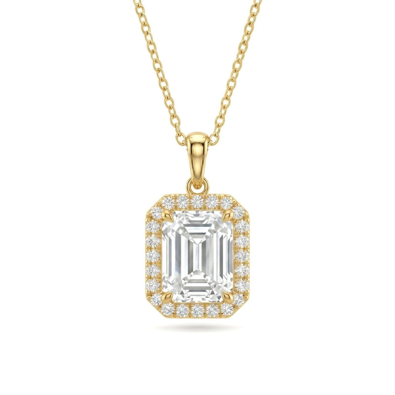 Yellow Gold Emerald Brilliant Celestara Diamond Halo Pendant Necklace With Pavé Surround And Four Prong Setting