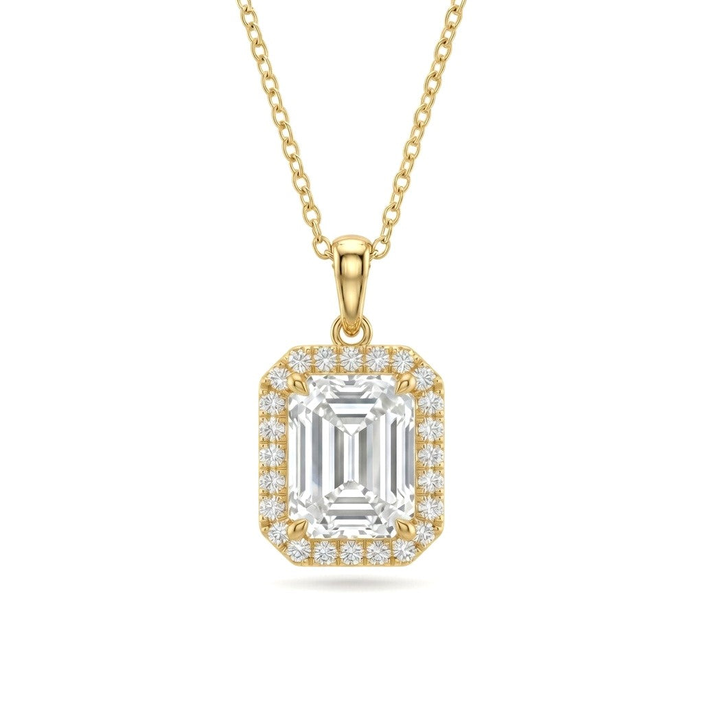 Yellow Gold Emerald Brilliant Celestara Diamond Halo Pendant Necklace With Pavé Surround And Four Prong Setting
