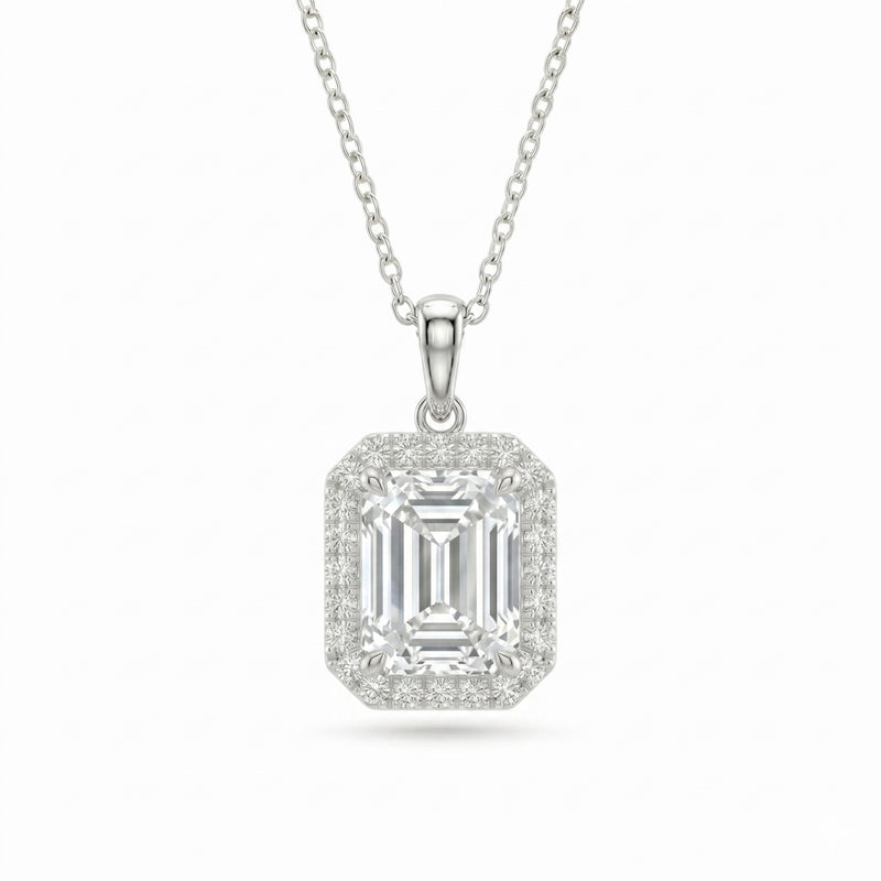 Silver Emerald Brilliant Celestara Diamond Halo Pendant Necklace With Pavé Surround And Four Prong Setting