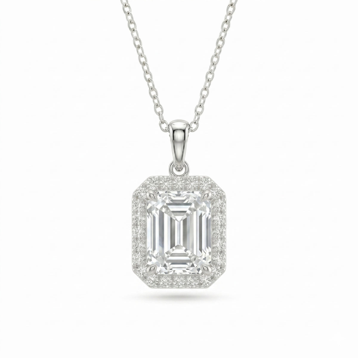 Silver Emerald Brilliant Celestara Diamond Halo Pendant Necklace With Pavé Surround And Four Prong Setting