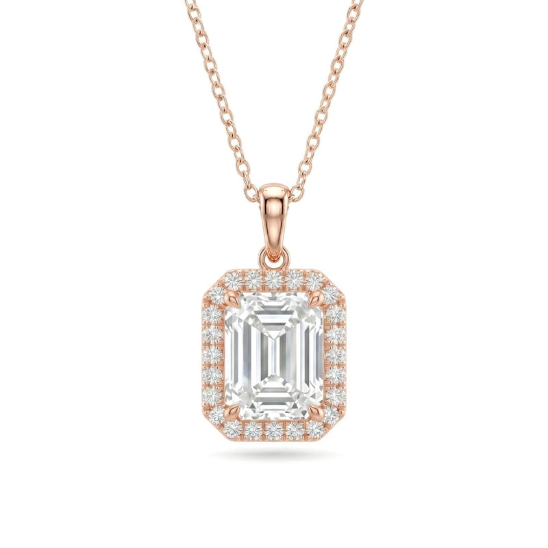 Rose Gold Emerald Brilliant Celestara Diamond Halo Pendant Necklace With Pavé Surround And Four Prong Setting