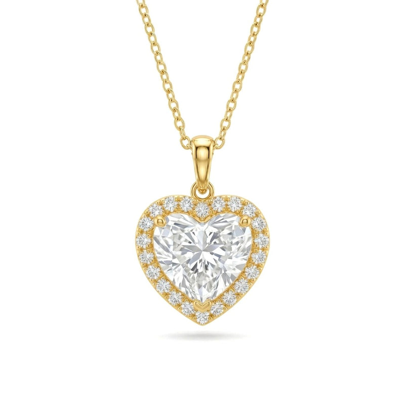 Yellow Gold Heart Brilliant Celestara Diamond Halo Pendant Necklace With Pavé Surround And Four Prong Setting