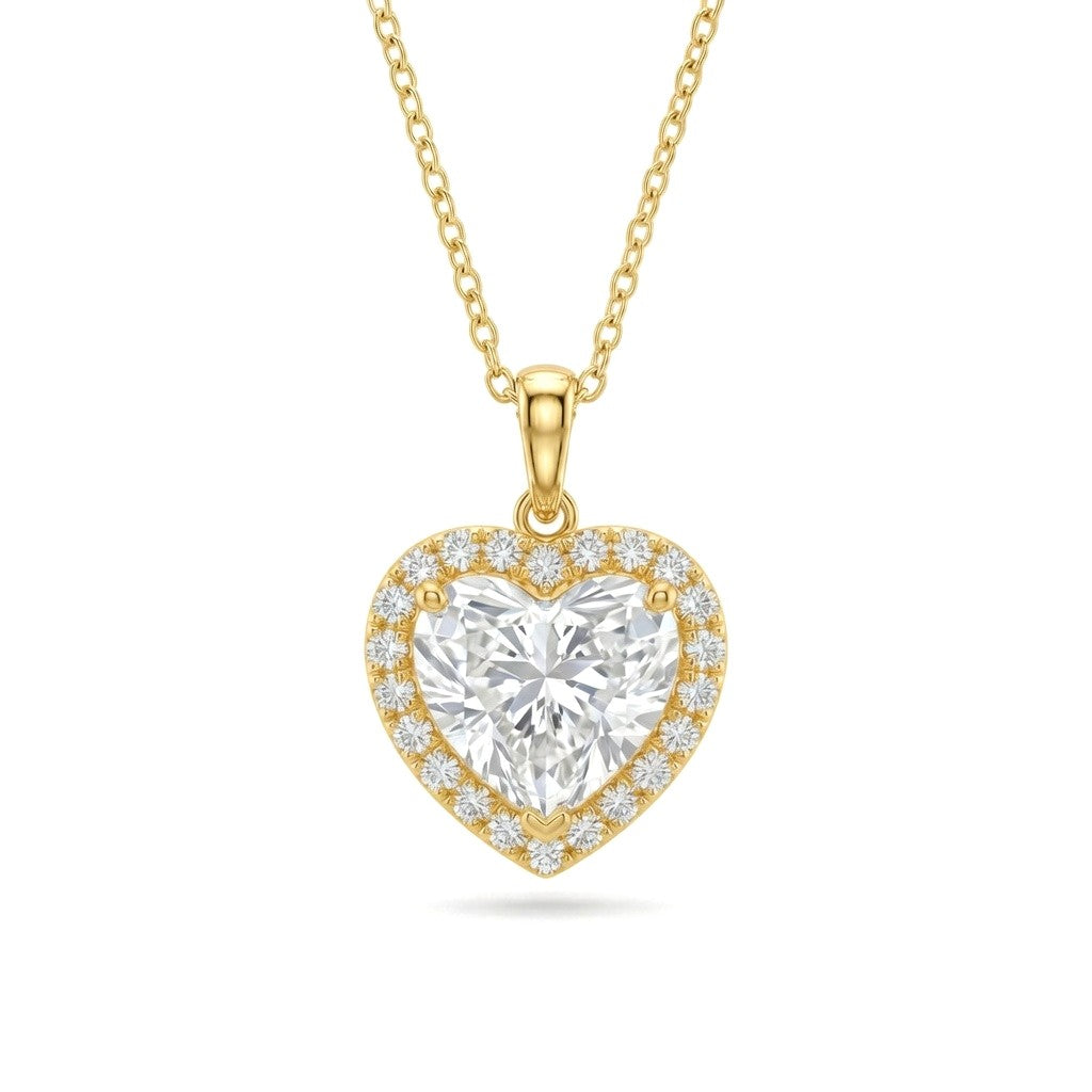 Yellow Gold Heart Brilliant Celestara Diamond Halo Pendant Necklace With Pavé Surround And Four Prong Setting