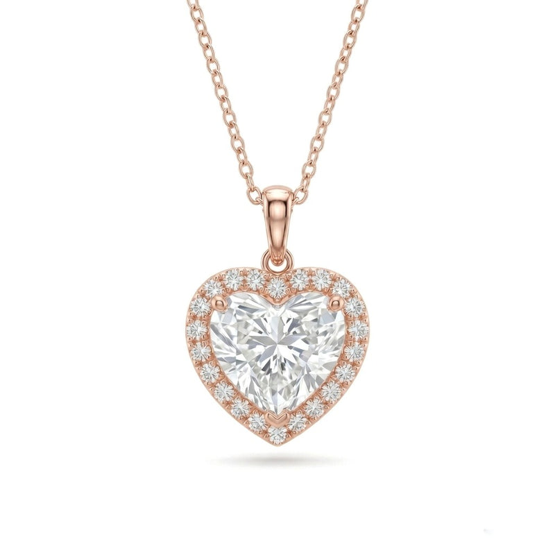 Rose Gold Heart Brilliant Celestara Diamond Halo Pendant Necklace With Pavé Surround And Four Prong Setting