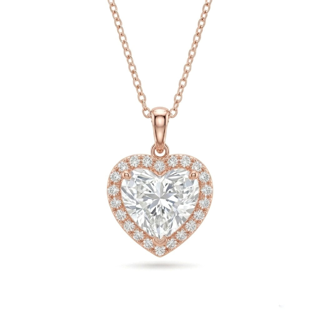 Rose Gold Heart Brilliant Celestara Diamond Halo Pendant Necklace With Pavé Surround And Four Prong Setting