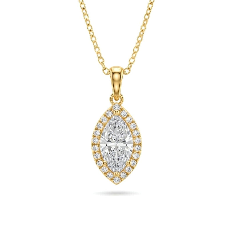 Yellow Gold Marquise Brilliant Celestara Diamond Halo Pendant Necklace With Pavé Surround And Four Prong Setting