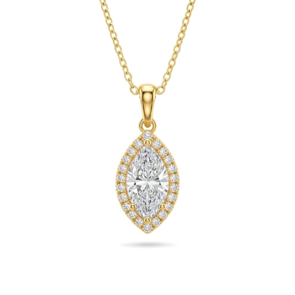 Yellow Gold Marquise Brilliant Celestara Diamond Halo Pendant Necklace With Pavé Surround And Four Prong Setting