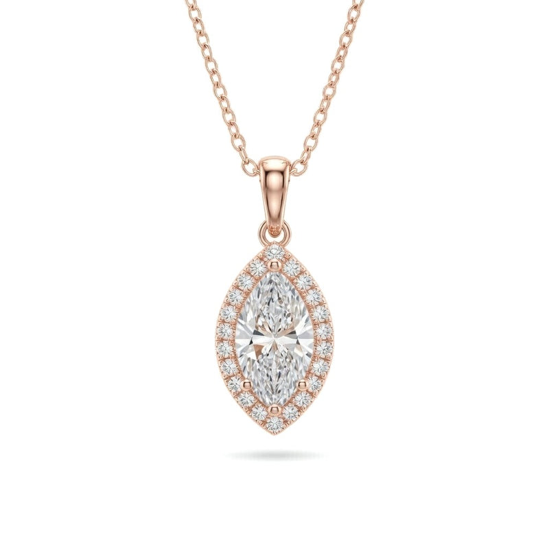 Rose Gold Marquise Brilliant Celestara Diamond Halo Pendant Necklace With Pavé Surround And Four Prong Setting
