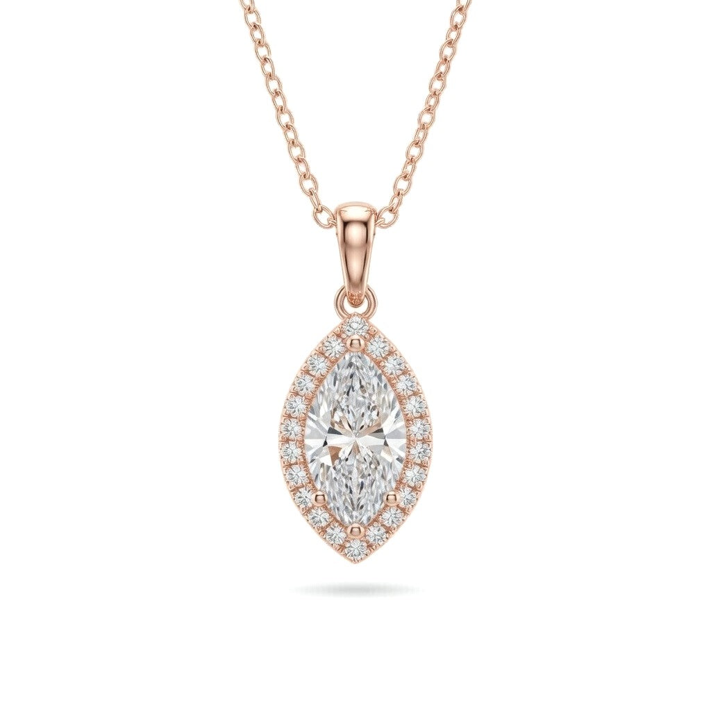 Rose Gold Marquise Brilliant Celestara Diamond Halo Pendant Necklace With Pavé Surround And Four Prong Setting