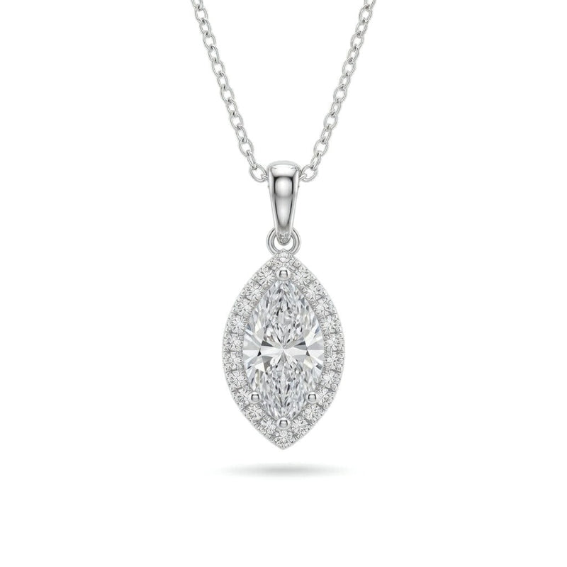 White Gold Marquise Brilliant Celestara Diamond Halo Pendant Necklace With Pavé Surround And Four Prong Setting