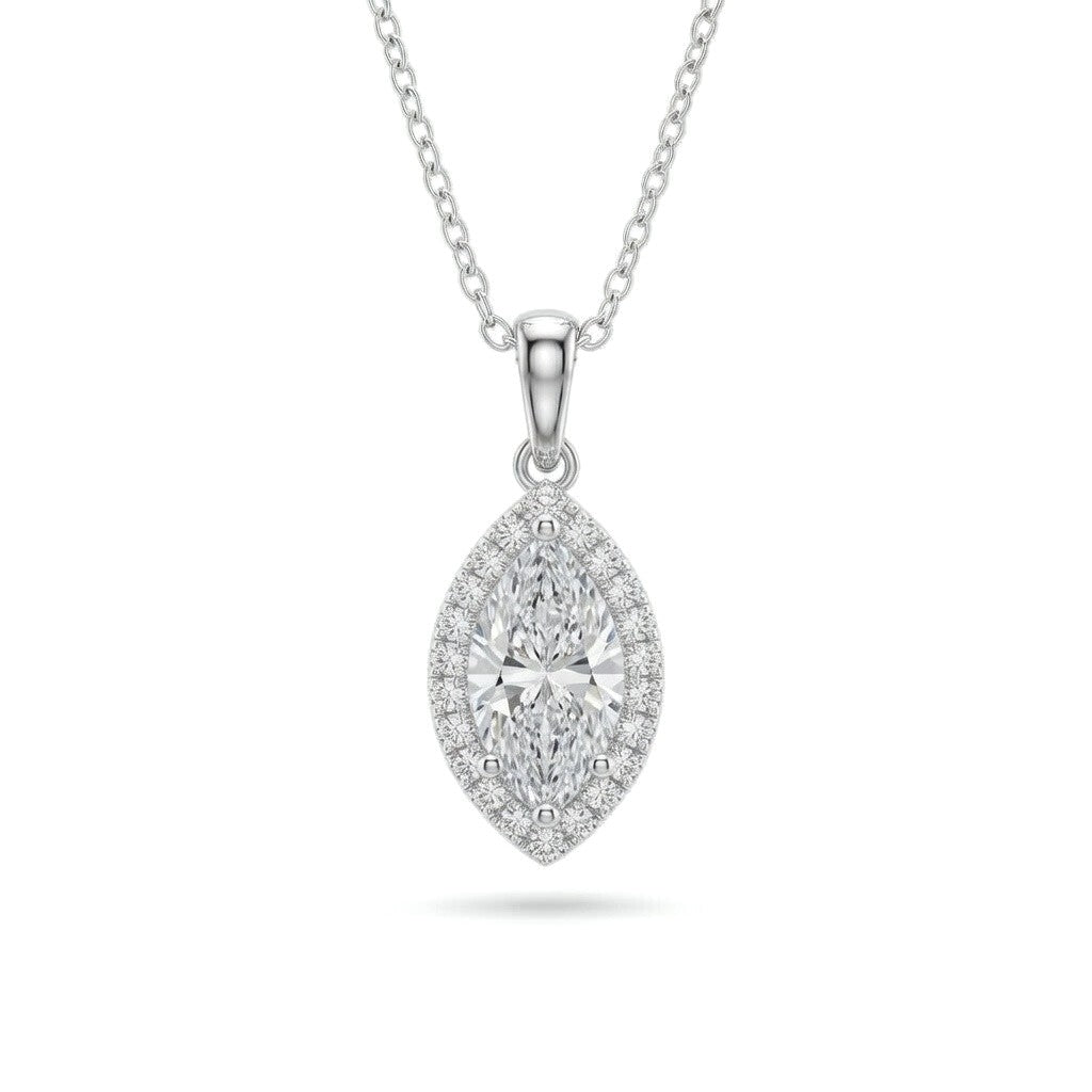 Silver Marquise Brilliant Celestara Diamond Halo Pendant Necklace With Pavé Surround And Four Prong Setting