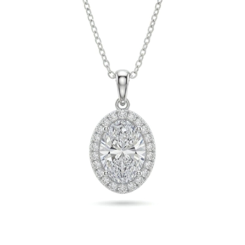 Silver Oval Brilliant Celestara Diamond Halo Pendant Necklace With Pavé Surround And Four Prong Setting