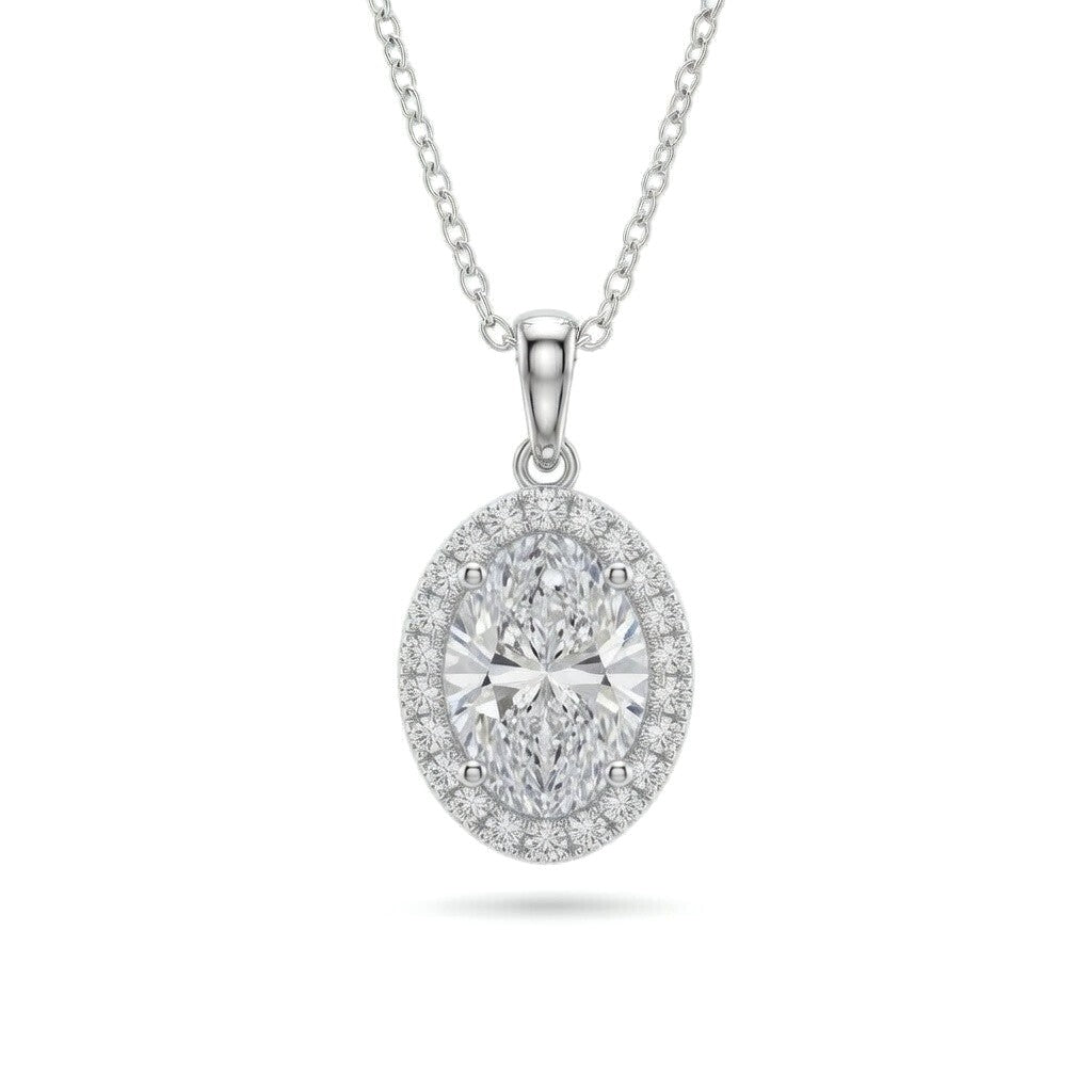 Silver Oval Brilliant Celestara Diamond Halo Pendant Necklace With Pavé Surround And Four Prong Setting