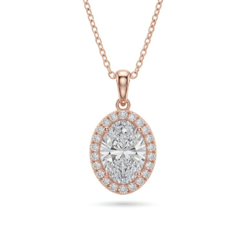Rose Gold Oval Brilliant Celestara Diamond Halo Pendant Necklace With Pavé Surround And Four Prong Setting