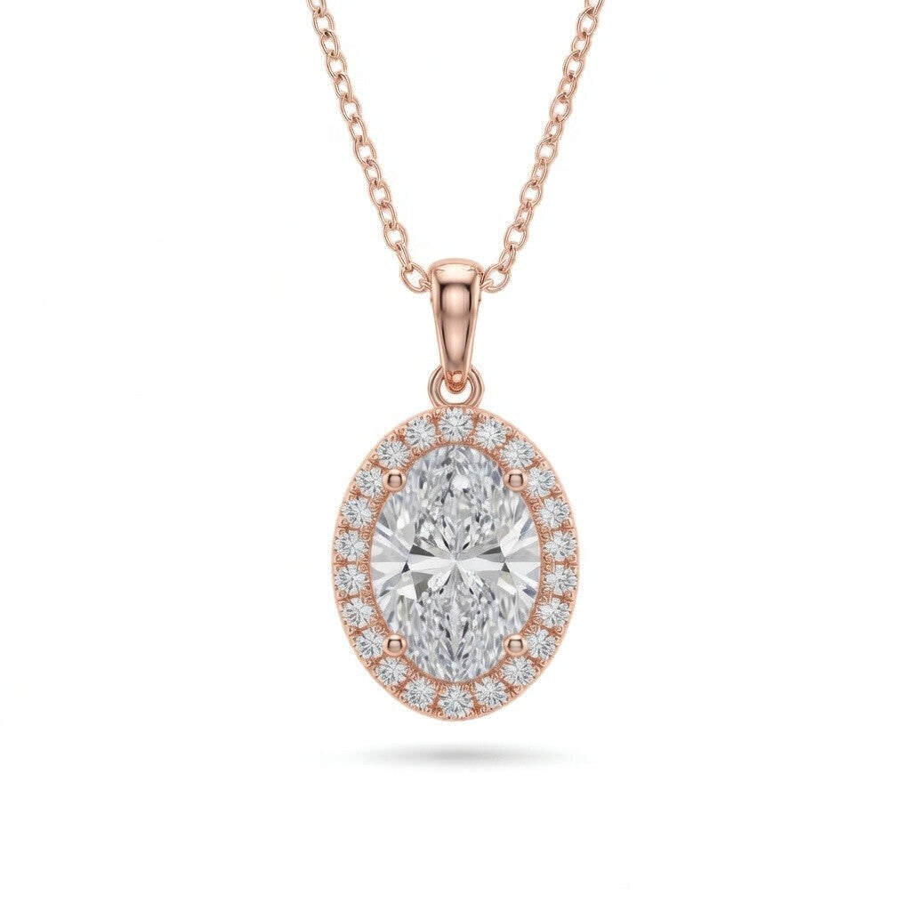 Rose Gold Oval Brilliant Celestara Diamond Halo Pendant Necklace With Pavé Surround And Four Prong Setting